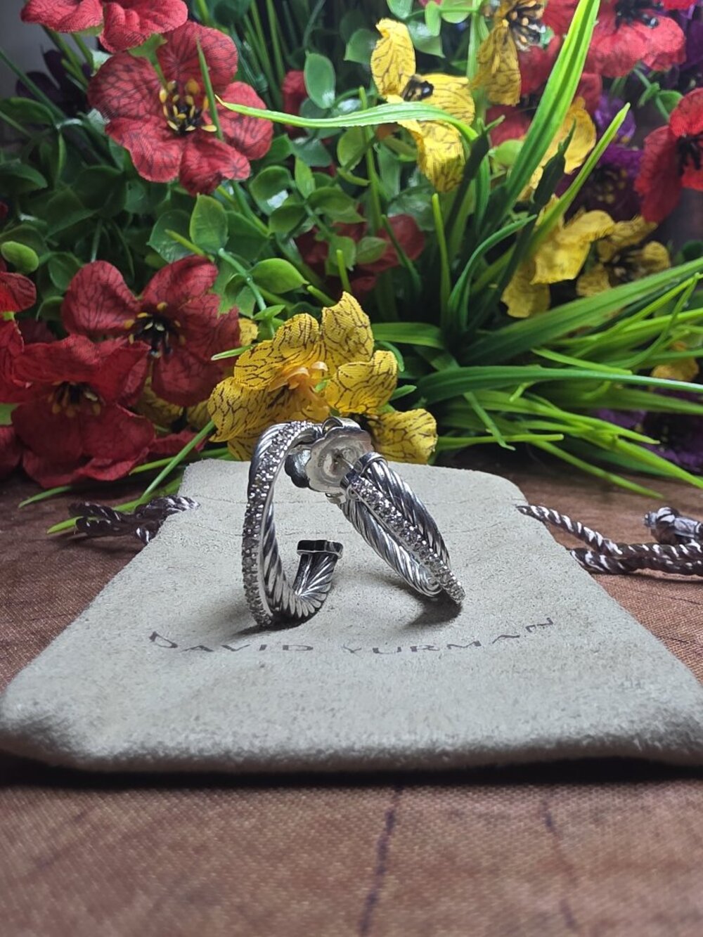 David Yurman Retired 26.5mm Crossover Diamond Hoop Earrings Sterling Silver 14K